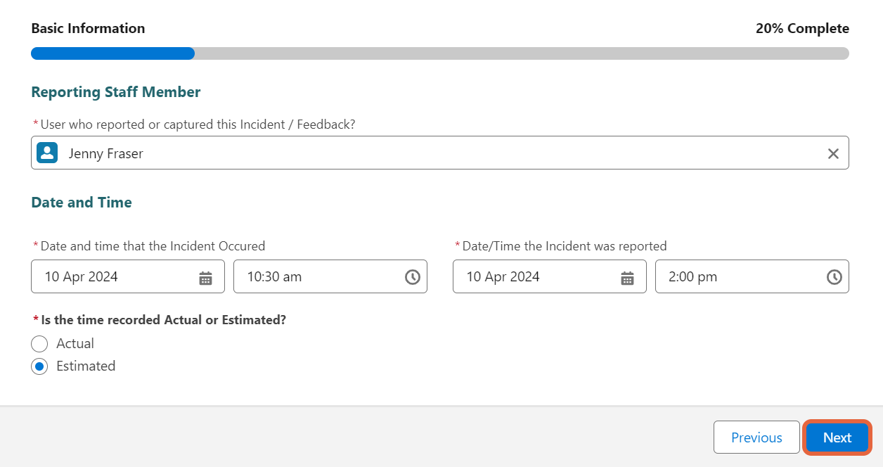 Staff member and date and time fields