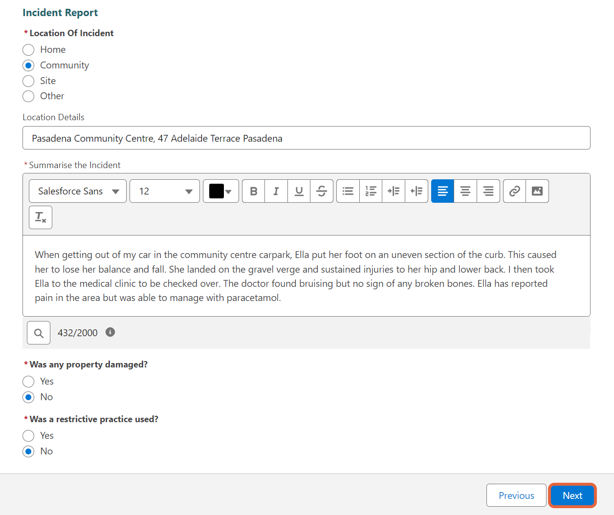 Incident Report section