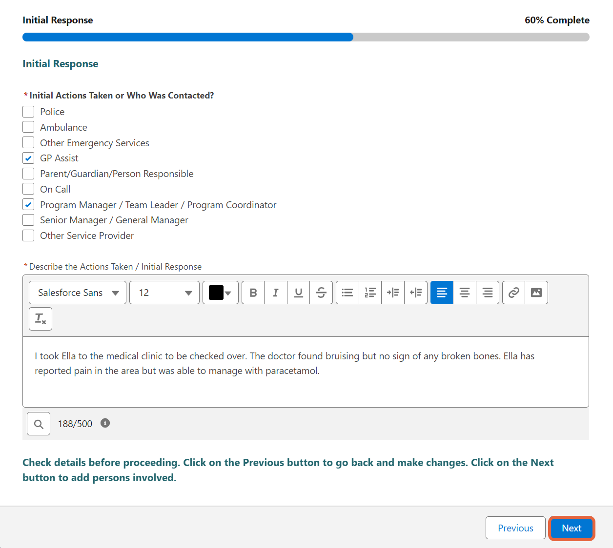 Initial Response section