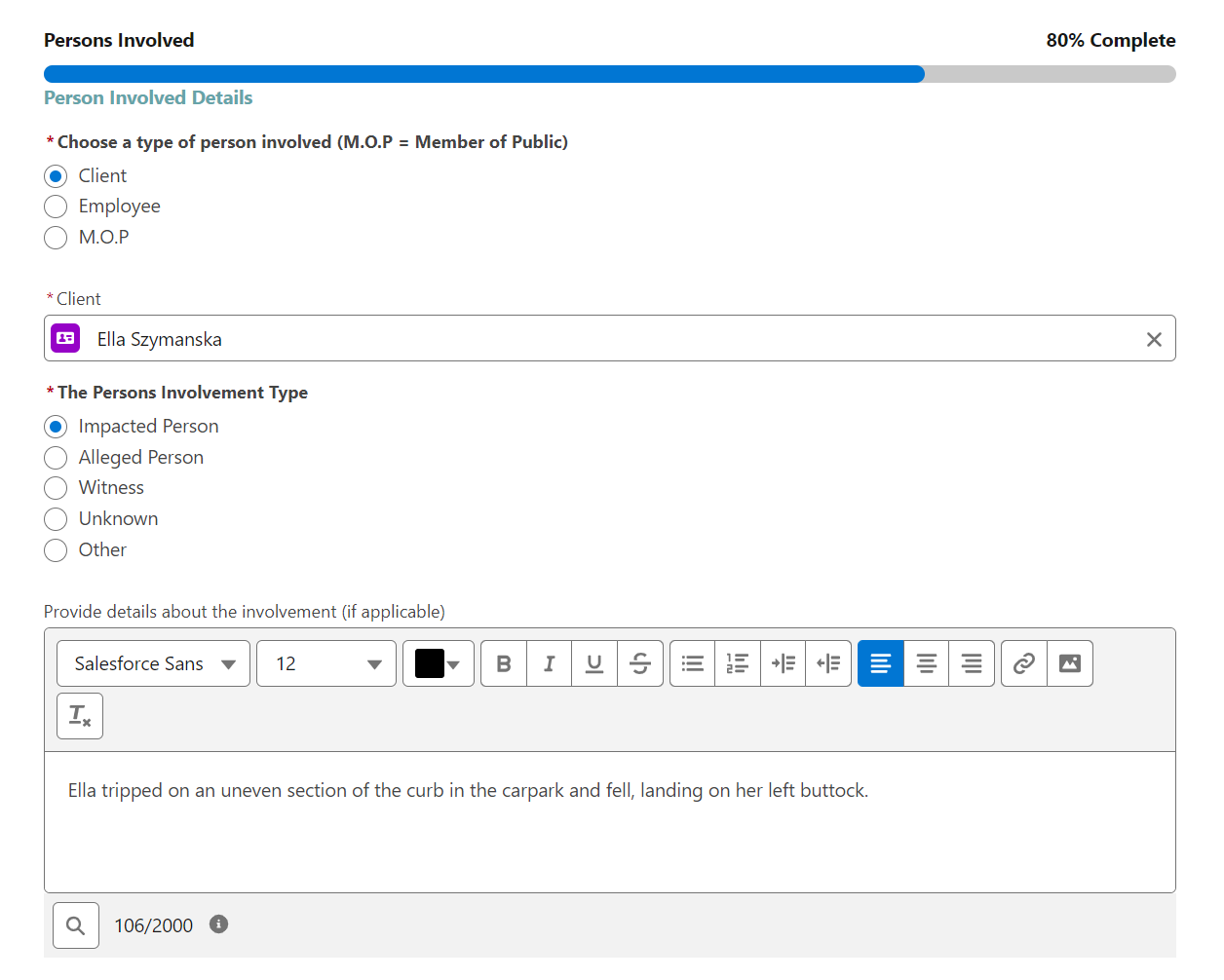 Persons involved screen