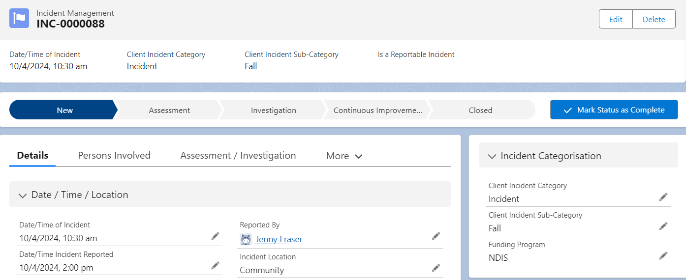 Incident management record