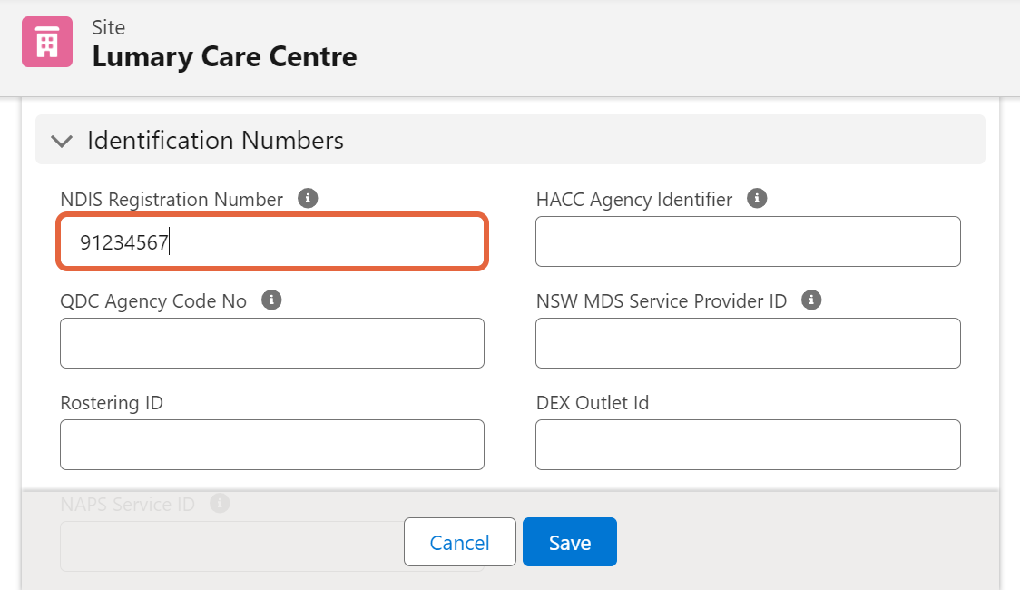 NDIS Registration Number field on the site record