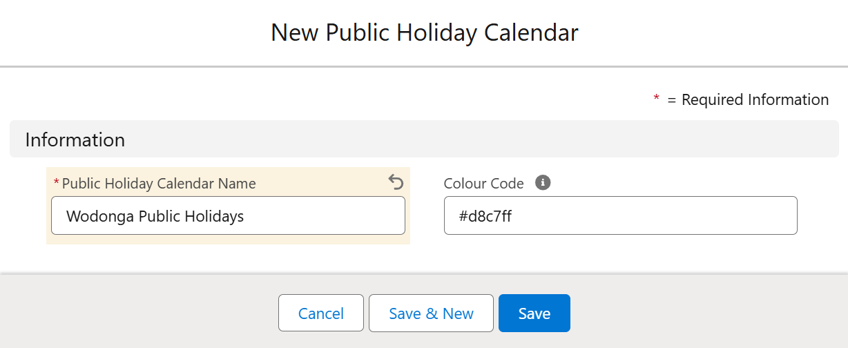 New Public Holiday Calendar popup