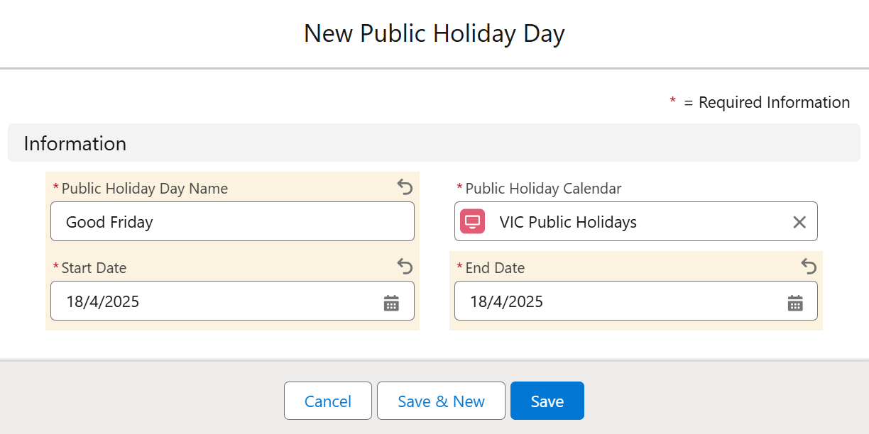 New Public Holiday Day popup