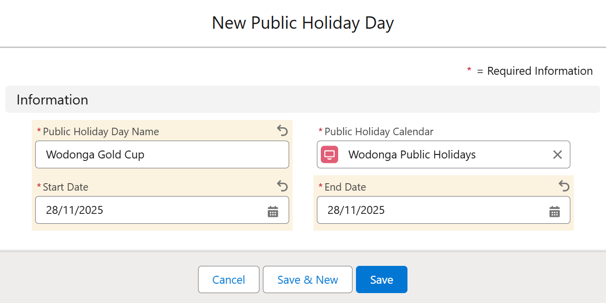 New Public Holiday Day popup