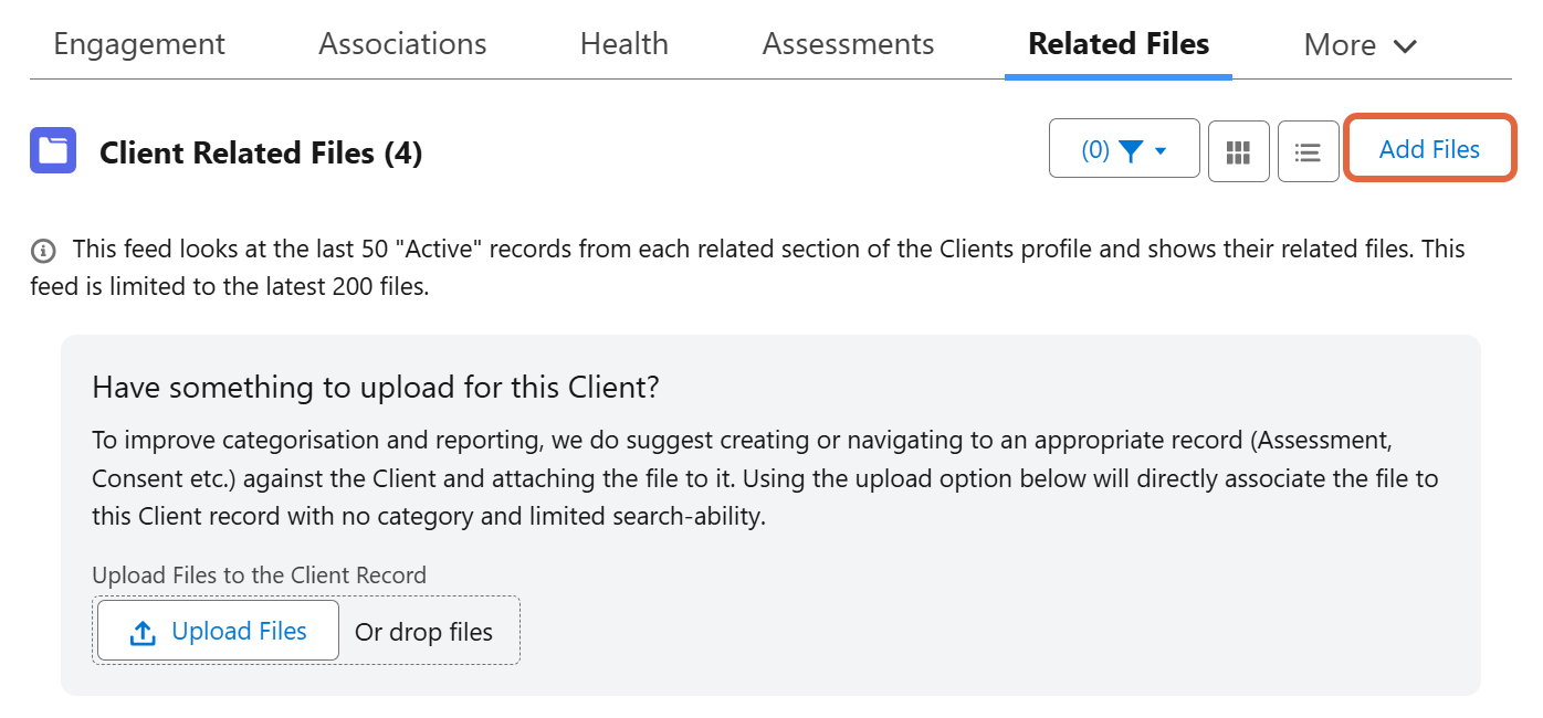 Add files button and view