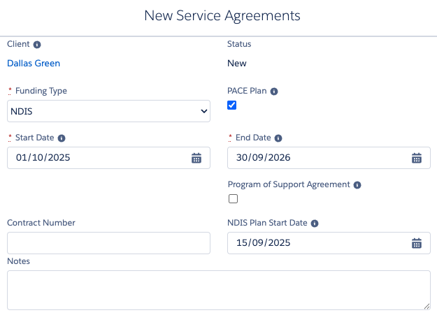 New Service Agreements form