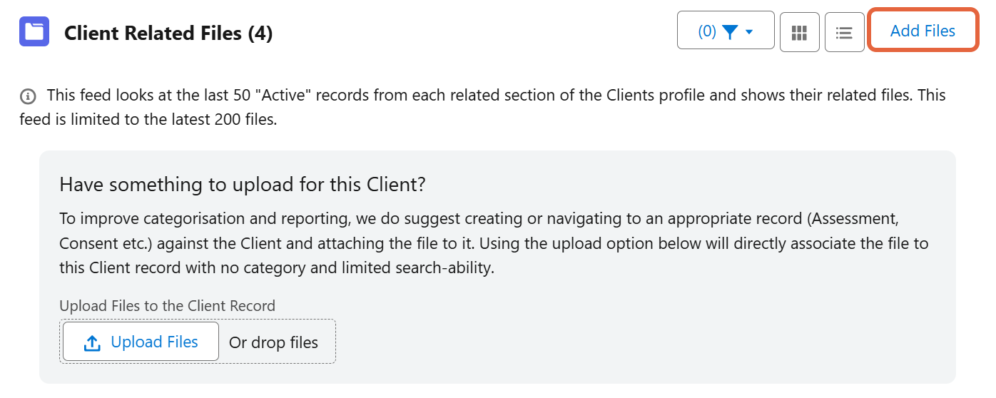 Add files button and view