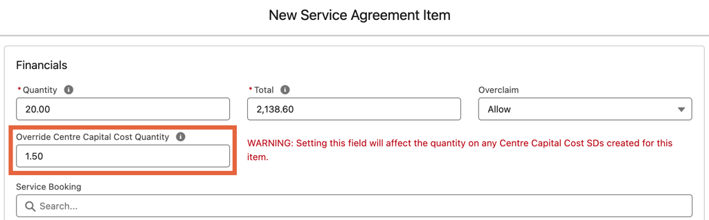 Centre Capital Cost (CCC) overide field