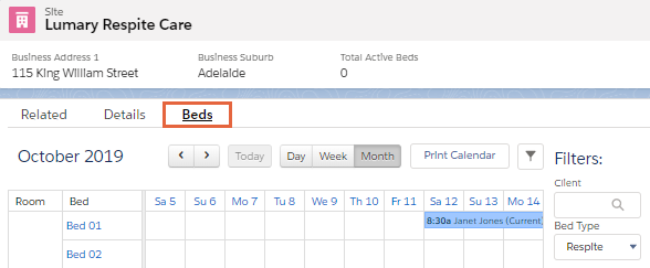 Beds Calendar tab