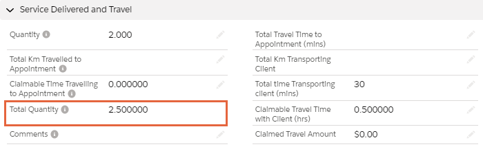 Service delivered record showing transport within a service