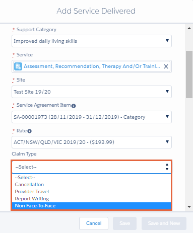 Service delivered claim type