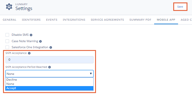 Shift acceptance settings
