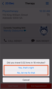 Confirm journey distance and time prompt