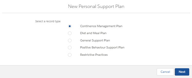 New personal support plan record type selection