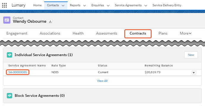 Contracts tab showing service agreement records