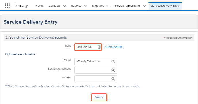 Service delivery entry search fields
