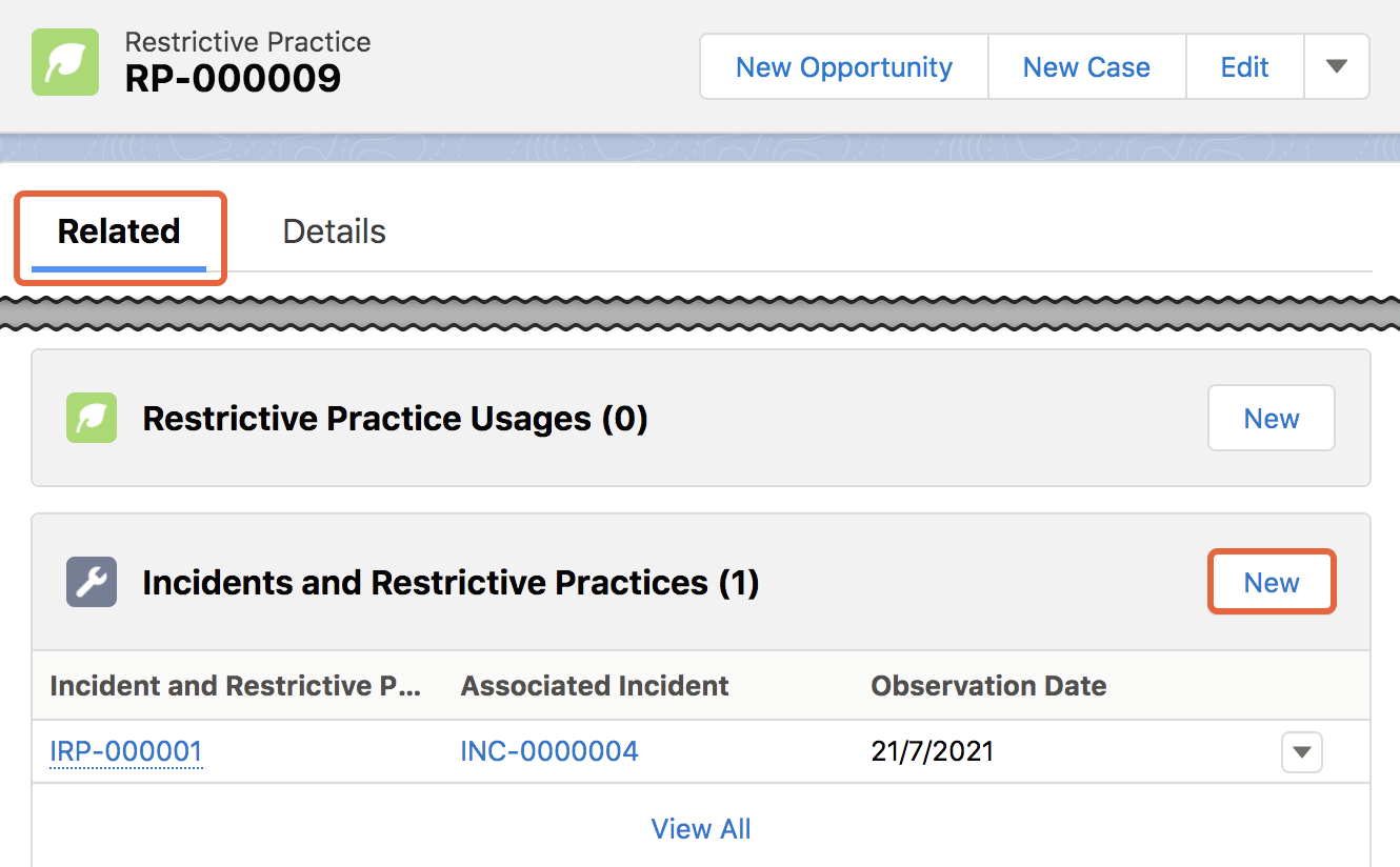 Restrictive practice record new incident