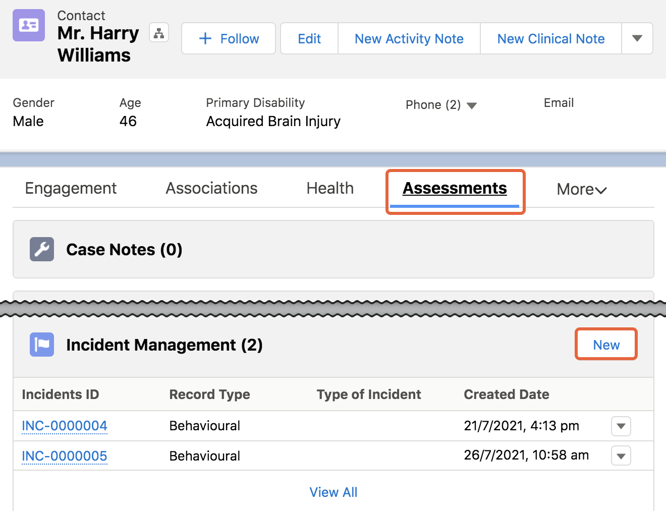 Client contact record assessments tab