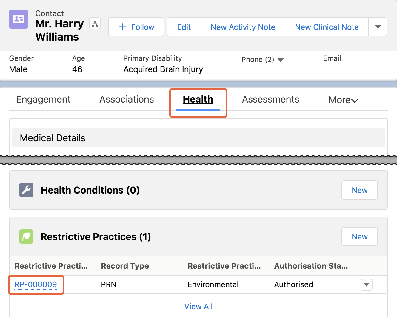 Client contact record restrictive practice link