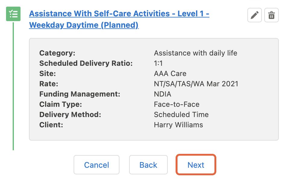 Planned service summary