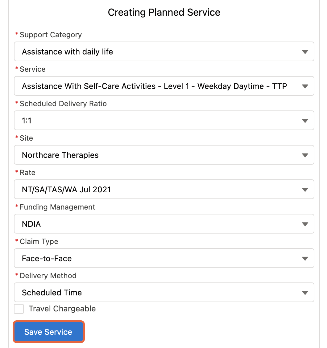 Creating planned service form