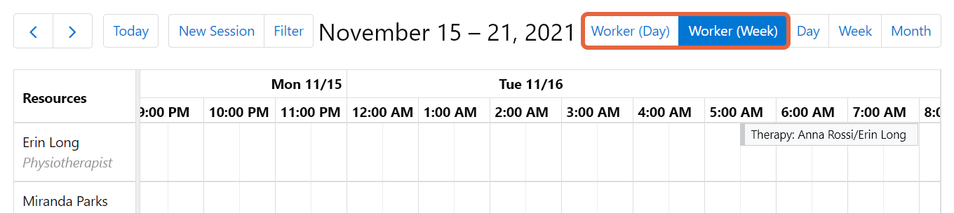 Sessions Calendar Week view button