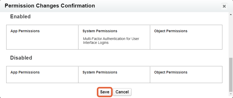 Permission set confirmation save button