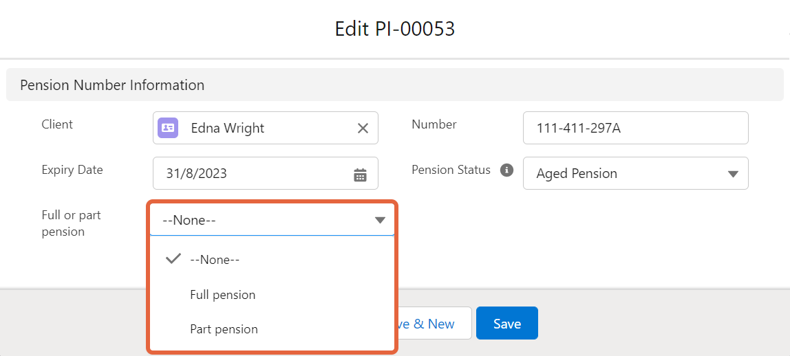 Full or part pension drop-down list