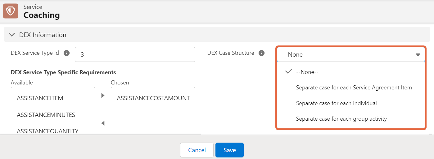 Service DEX case structure options