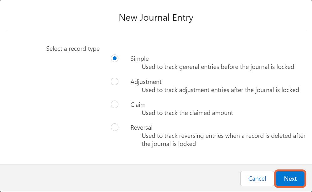select journal type popup window