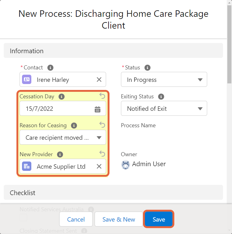 discharge process form and save button.png