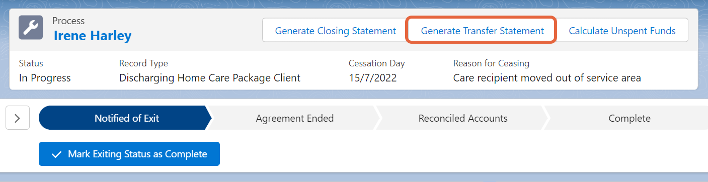 generate transfer statement button