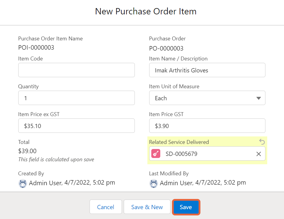 purchase order item screen