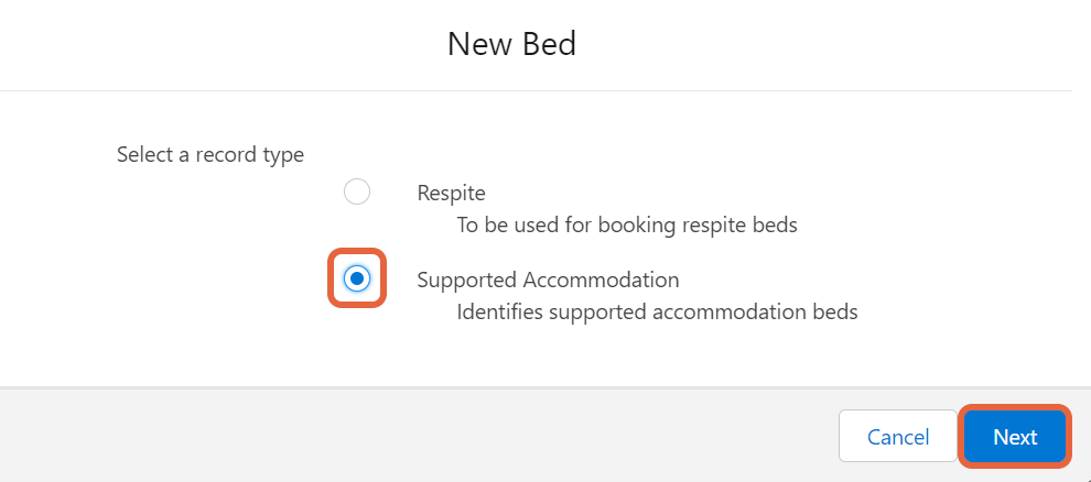 Select Record type Supported Accommodation