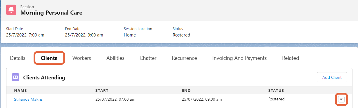 Client dropdown arrow