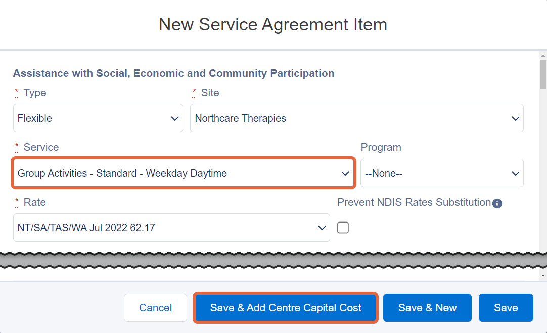 Save & Add Centre Capital Cost button