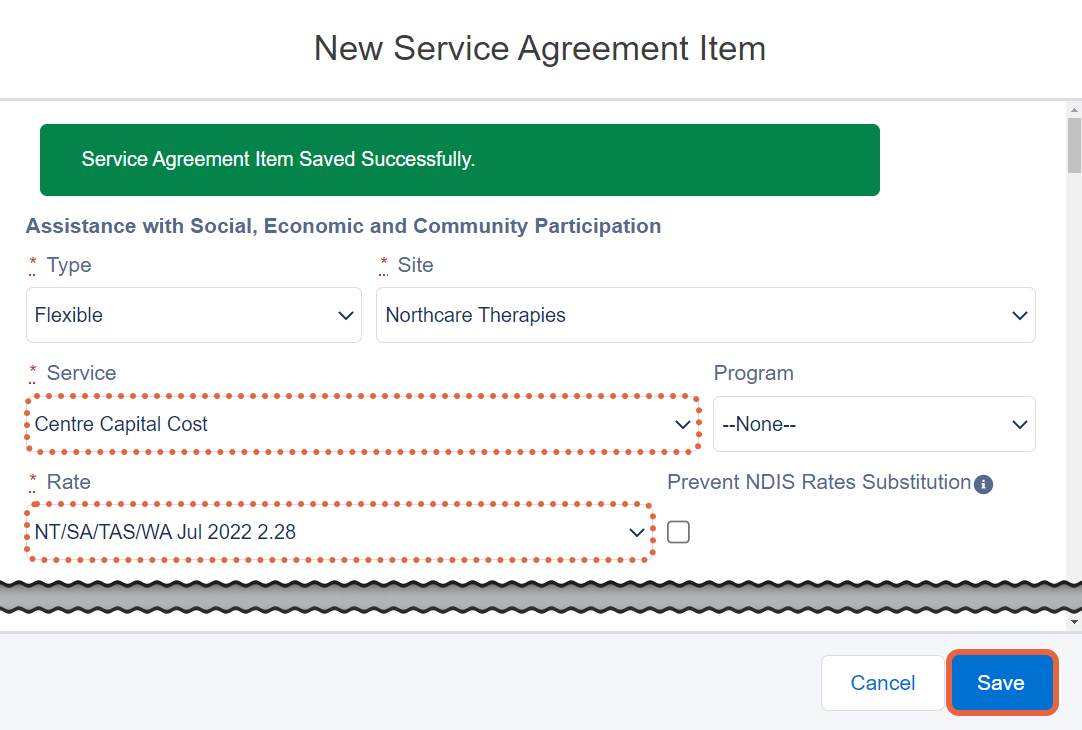 New centre capital cost service agreement item form