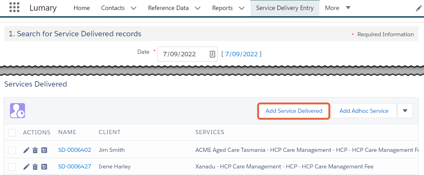 location of add service delivered button