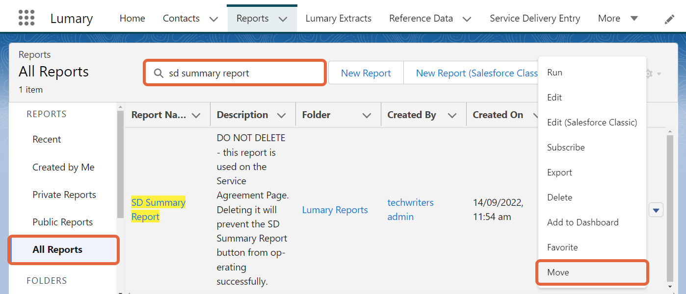 Move option for the SD Summary Report