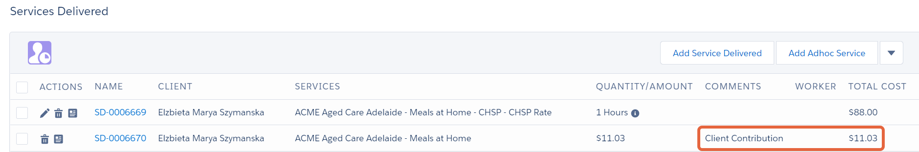 service delivered page showing both entries
