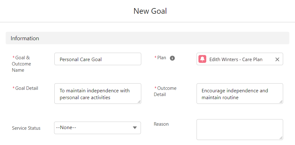 new goal window with information fields