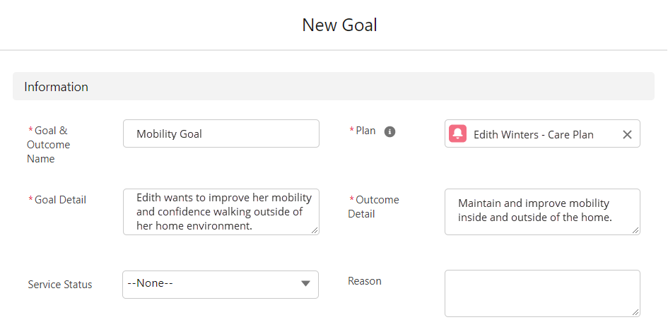 new goal pop-up window with information fields