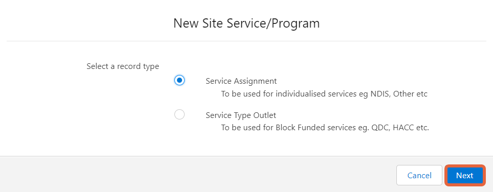 new site record selection screen