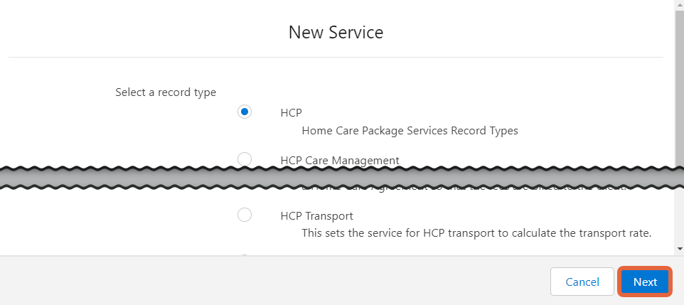service record selection screen
