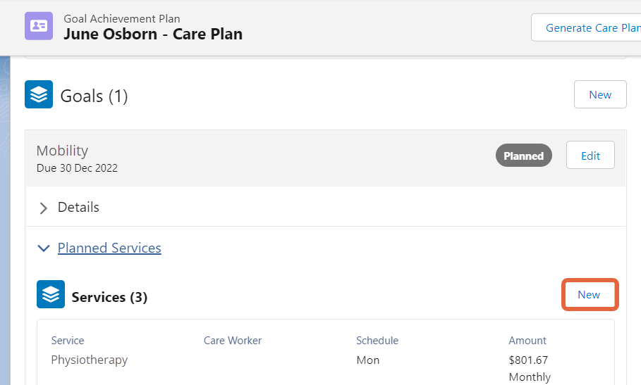 new planned service button