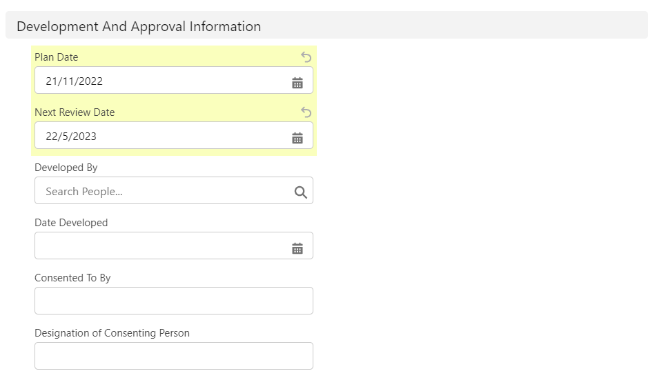personal support plan approval fields