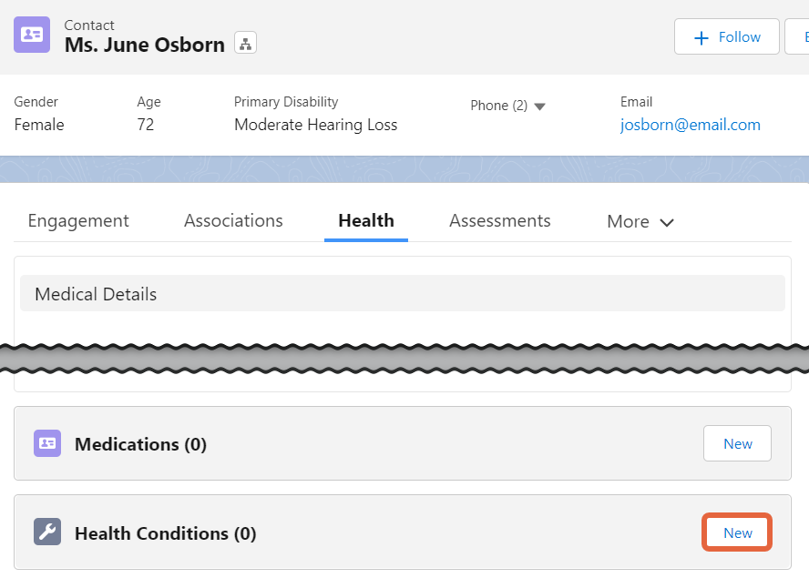 health condition section with location of new button