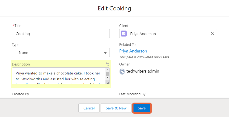 edit note screen with save button