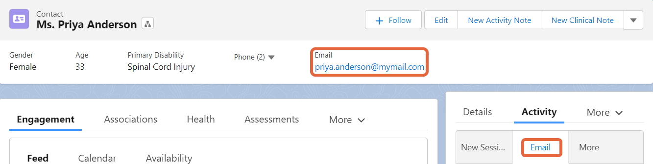 contact record showing links to start an email